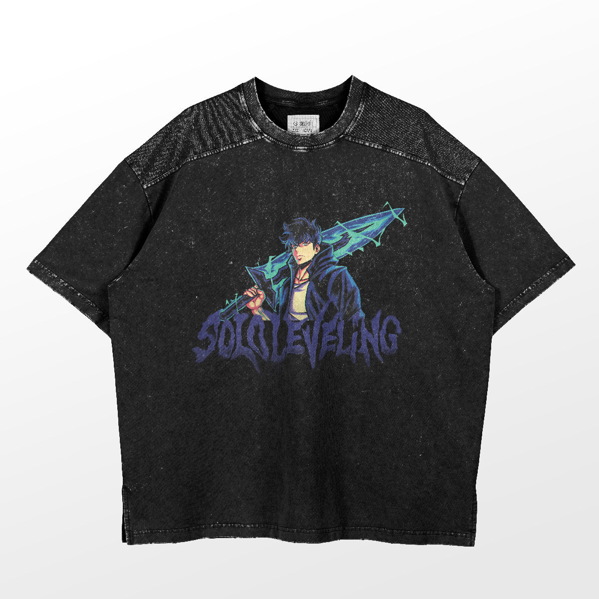 The Solo Leveling Sword Master T-Shirt by Solo Leveling features a dynamic anime graphic of a character with a weapon and "Solo Leveling" text in blue. This black tee, perfect for conventions, has a speckled texture and round neckline.