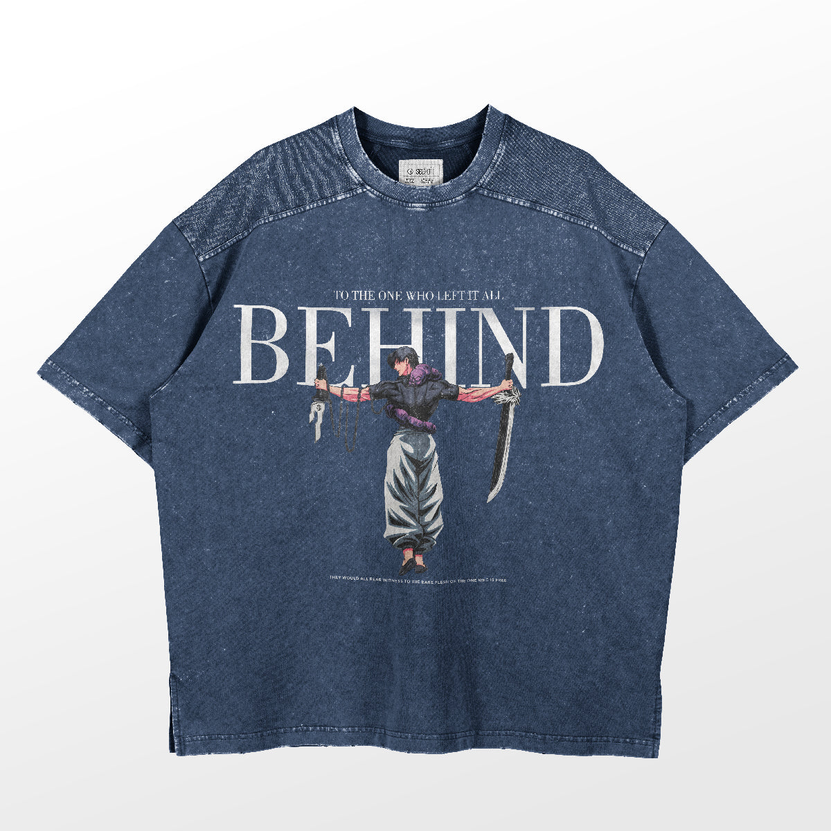 The Jujutsu Kaisen Toji Fushiguro Vintage Graphic T-Shirt, a black oversized streetwear tee, features a graphic of Toji with weapons and the phrase "TO THE ONE WHO LEFT IT ALL BEHIND," perfect for fans seeking a trendy faded, distressed style.
