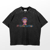 This premium black "Vibrant Sukuna Jujutsu Kaisen T-Shirt" by Jujutsu Kaisen features vivid anime text and a spiky-haired character with tattoos. Its faded, distressed sleeve and shoulder pattern add a unique touch to this stylish merch.