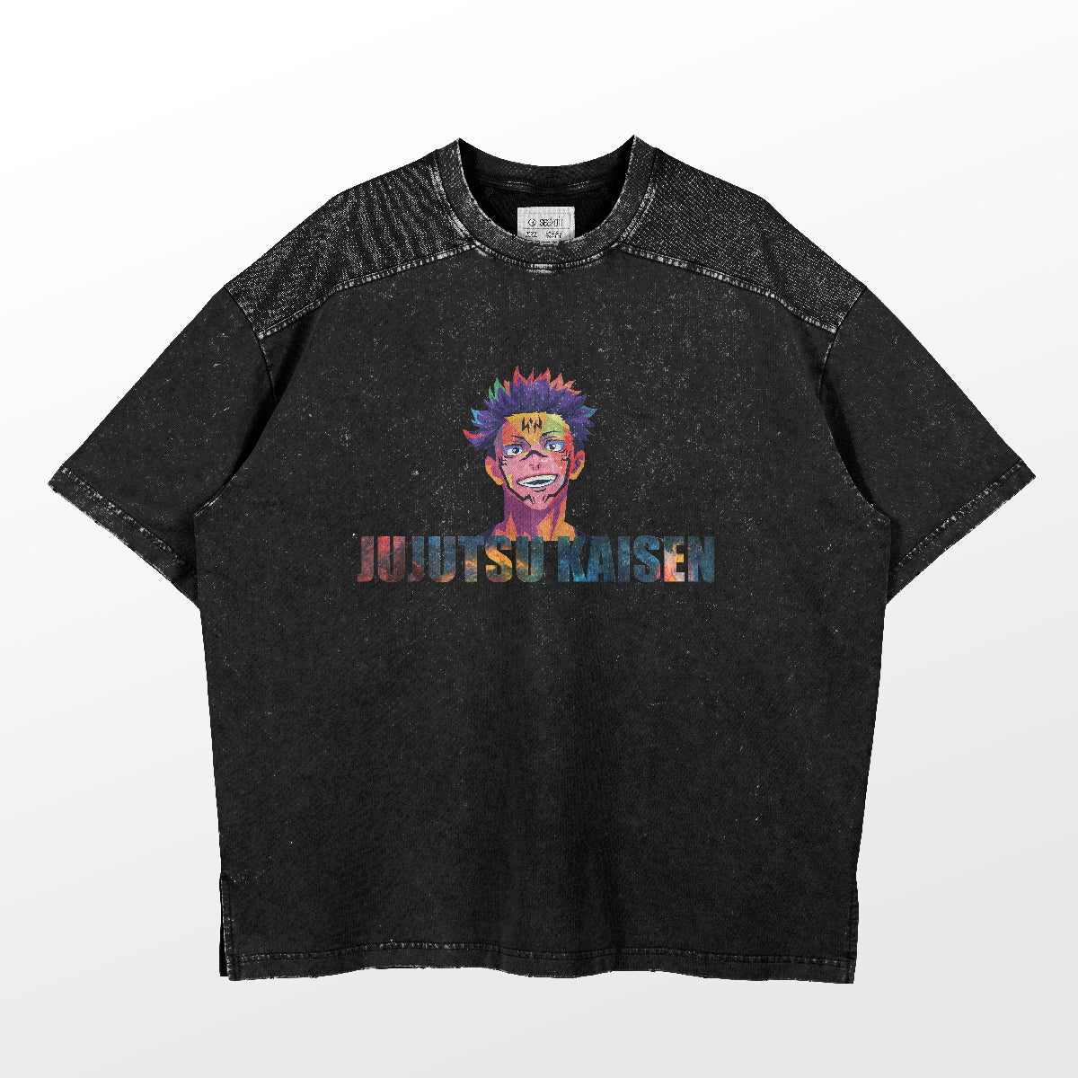 This premium black "Vibrant Sukuna Jujutsu Kaisen T-Shirt" by Jujutsu Kaisen features vivid anime text and a spiky-haired character with tattoos. Its faded, distressed sleeve and shoulder pattern add a unique touch to this stylish merch.
