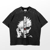 The Gojo Satoru Jujutsu Kaisen shirt features a black tee with a split face design of an iconic character with white hair and an eye mask. "Gojo Satoru" appears in bold letters, highlighted by its speckled texture and classic round neck. Perfect anime apparel for fans!.