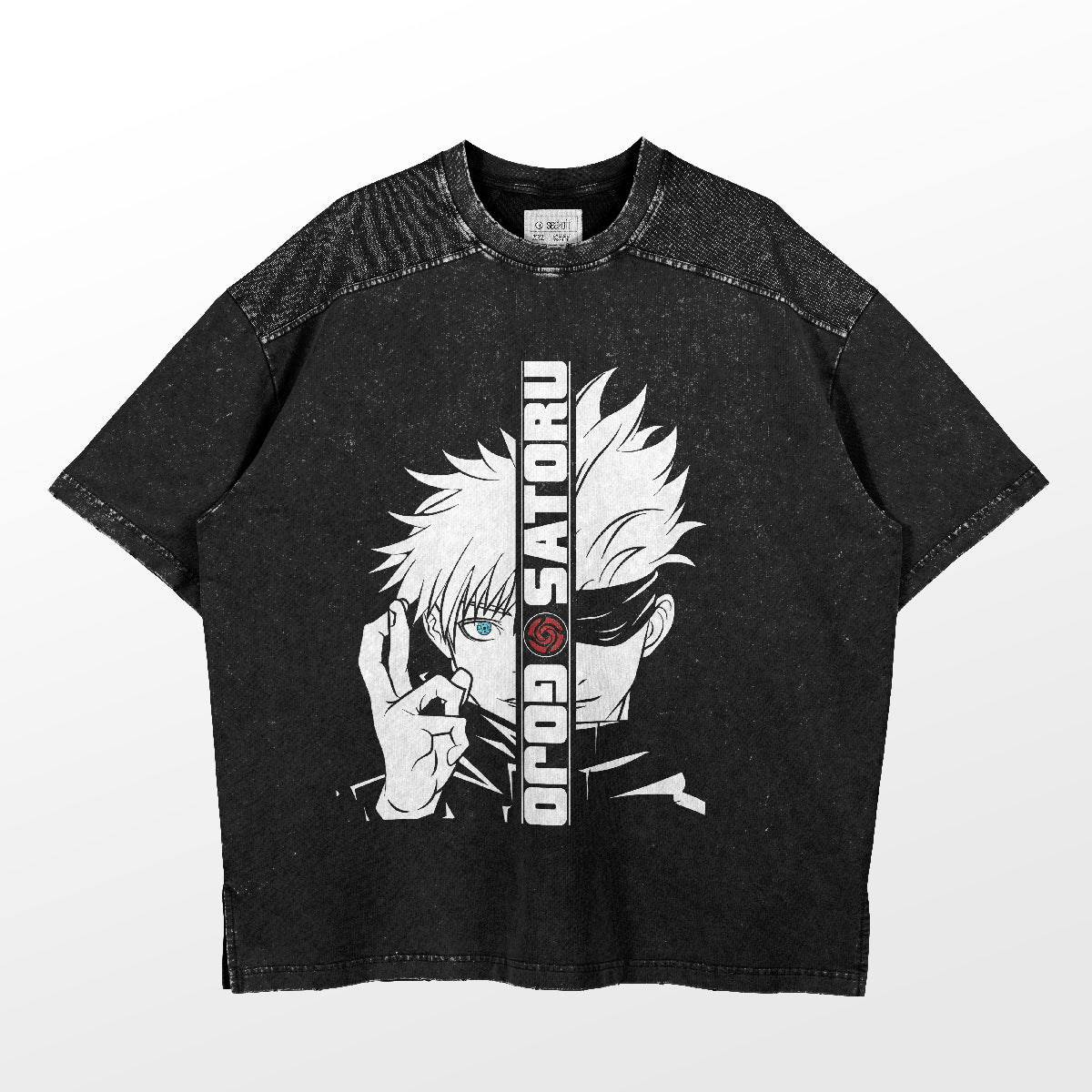 The Gojo Satoru Jujutsu Kaisen shirt features a black tee with a split face design of an iconic character with white hair and an eye mask. "Gojo Satoru" appears in bold letters, highlighted by its speckled texture and classic round neck. Perfect anime apparel for fans!.