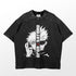 The Gojo Satoru Jujutsu Kaisen shirt features a black tee with a split face design of an iconic character with white hair and an eye mask. "Gojo Satoru" appears in bold letters, highlighted by its speckled texture and classic round neck. Perfect anime apparel for fans!.