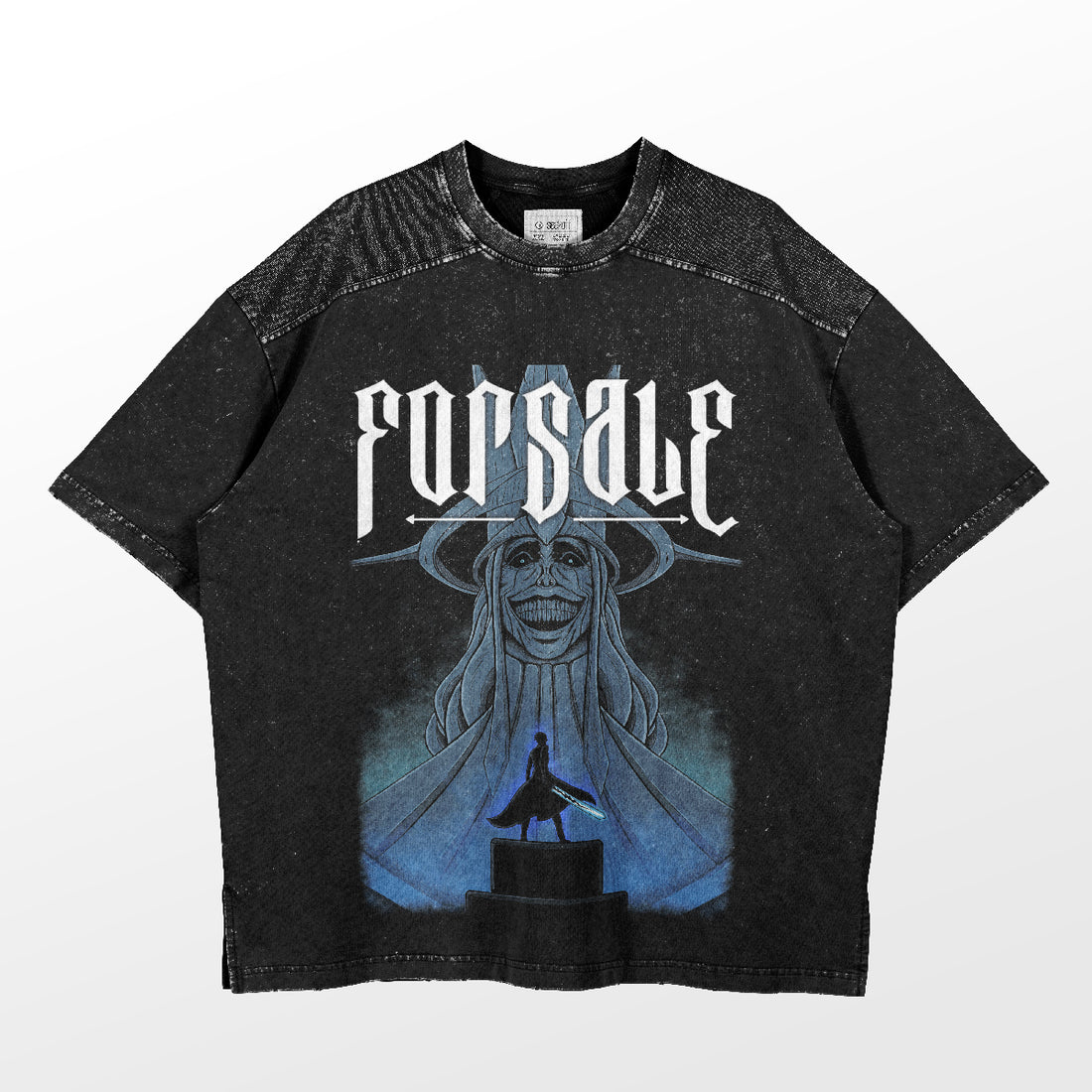 The Solo Leveling-Inspired Graphic T-Shirt features a streetwear flair with "FOR SALE" text above a blue-toned Monarch of Frost figure, complete with a smiling face, halo, and pedestal silhouette. It&