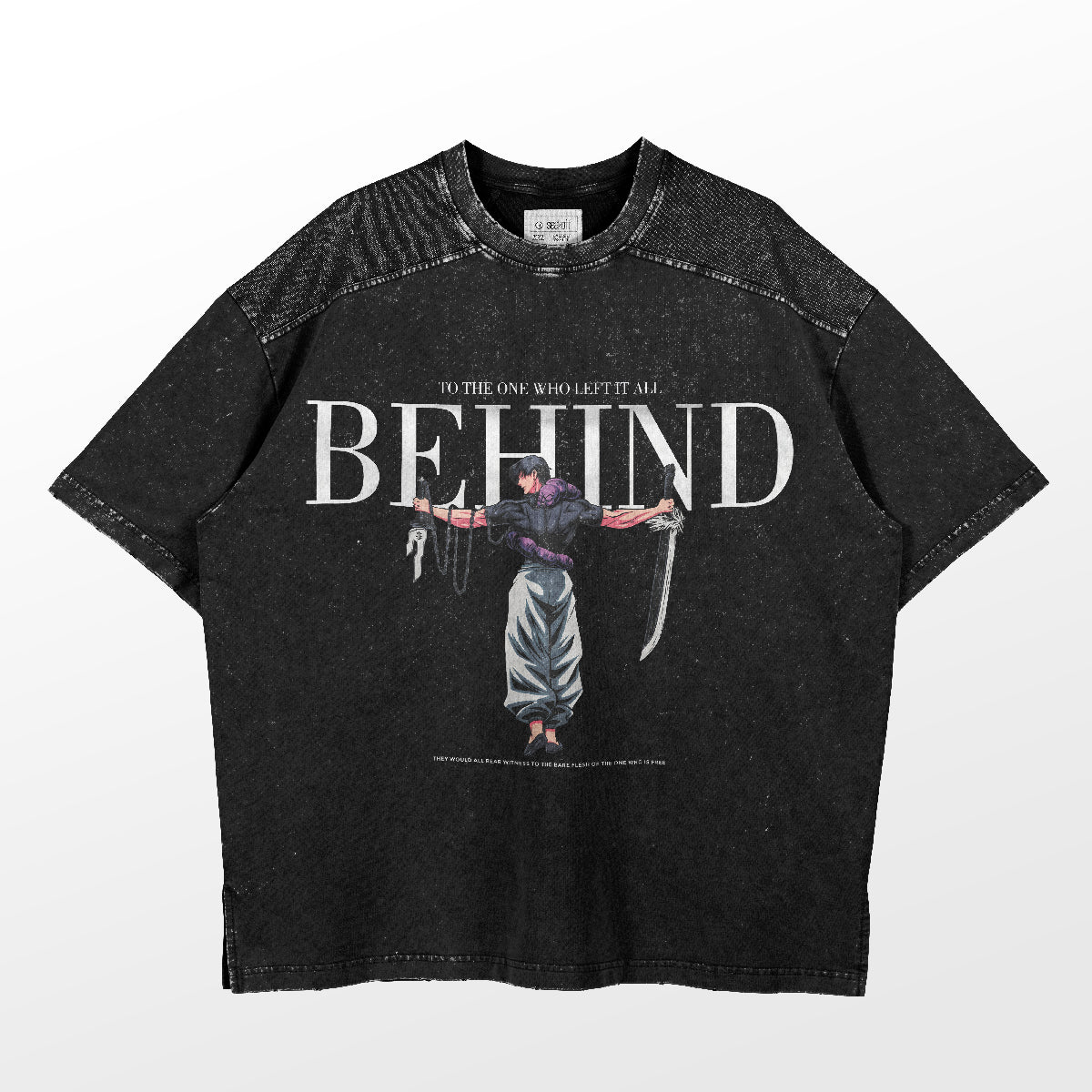 The Jujutsu Kaisen Toji Fushiguro Vintage Graphic T-Shirt in black features a design of a person with two swords. "BEHIND" is printed in large text above, with "To the one who left it all" below. This oversized streetwear tee from Jujutsu Kaisen has a speckled texture for extra style.