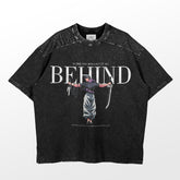 The Jujutsu Kaisen Toji Fushiguro Vintage Graphic T-Shirt in black features a design of a person with two swords. "BEHIND" is printed in large text above, with "To the one who left it all" below. This oversized streetwear tee from Jujutsu Kaisen has a speckled texture for extra style.