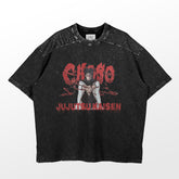 This stylish black t-shirt from Jujutsu Kaisen features a distressed print of Choso and a subtle blood design. "JUJUTSU KAISEN" is boldly printed in red below the graphic, making it an iconic anime apparel piece.