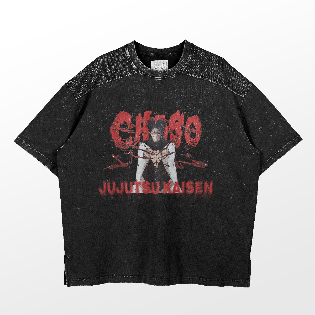 This stylish black t-shirt from Jujutsu Kaisen features a distressed print of Choso and a subtle blood design. "JUJUTSU KAISEN" is boldly printed in red below the graphic, making it an iconic anime apparel piece.
