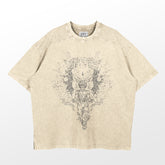 The Dragon Ball "Dragon-Inspired Washed Vintage T-Shirt" features an oversized beige design with an abstract, symmetrical print. Made from 260 GSM high-quality cotton, it offers a ribbed neckline and short sleeves for a retro streetwear vibe.