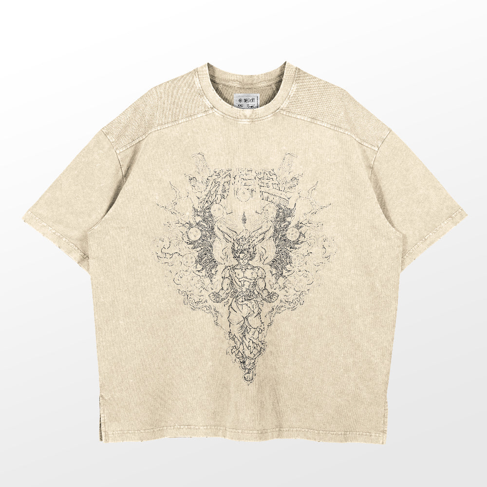 The Dragon Ball "Dragon-Inspired Washed Vintage T-Shirt" features an oversized beige design with an abstract, symmetrical print. Made from 260 GSM high-quality cotton, it offers a ribbed neckline and short sleeves for a retro streetwear vibe.