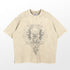 The Dragon Ball "Dragon-Inspired Washed Vintage T-Shirt" features an oversized beige design with an abstract, symmetrical print. Made from 260 GSM high-quality cotton, it offers a ribbed neckline and short sleeves for a retro streetwear vibe.