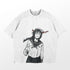 The Jujutsu Kaisen Riko Amanai Vintage Oversized T-Shirt showcases a white distressed design with a black and white anime character in a sailor uniform, smiling with eyes closed. Red hair and eye accents enhance the boldness of this streetwear piece.