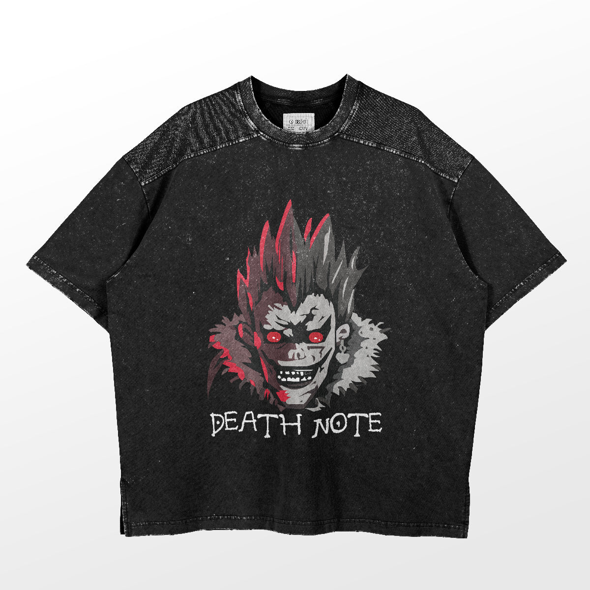 The Death Note Shirt by Death Note is made from high-quality cotton and is a great casual option. It features a black, short-sleeved design with a washed-out effect, depicting a menacing creature with red eyes and spiky hair above the text "Death Note.
