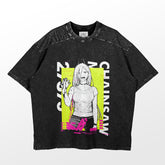 The Chainsaw Man Power Neon T-Shirt, a bold 100% cotton anime shirt, features a long-haired character with an upraised right hand. It boasts bright yellow accents and "CHAINSAW" with "27/9" printed on either side, capturing the dynamic energy of Chainsaw Man.