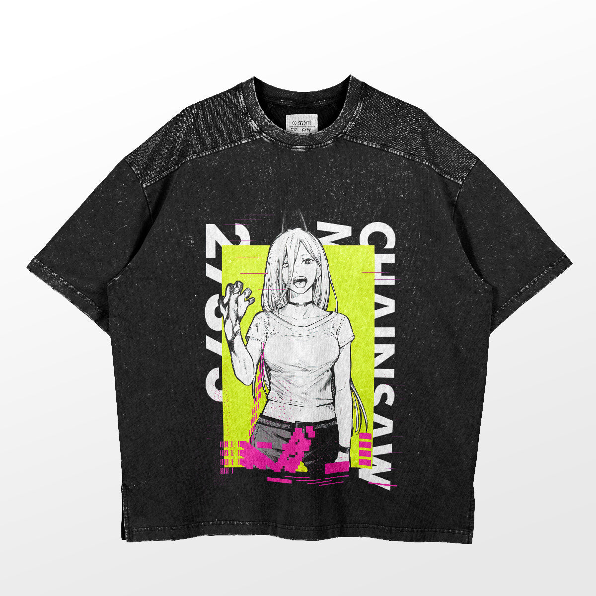 The Chainsaw Man Power Neon T-Shirt, a bold 100% cotton anime shirt, features a long-haired character with an upraised right hand. It boasts bright yellow accents and "CHAINSAW" with "27/9" printed on either side, capturing the dynamic energy of Chainsaw Man.