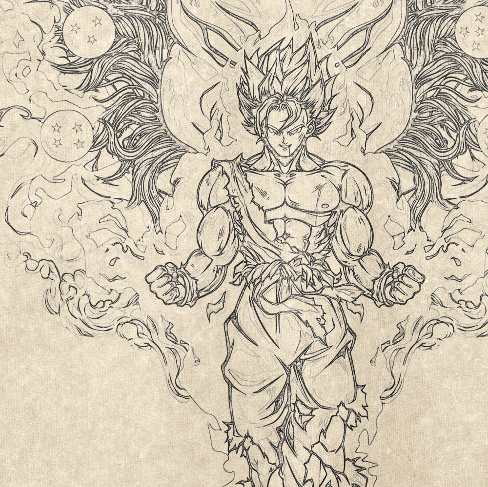 Featuring a fierce anime character with spiky hair, muscular build, and large wings, the Dragon Ball Dragon-Inspired Washed Vintage T-Shirt displays mystical symbols. Made from 260 GSM high-quality cotton, this streetwear item echoes vintage style with its detailed design.
