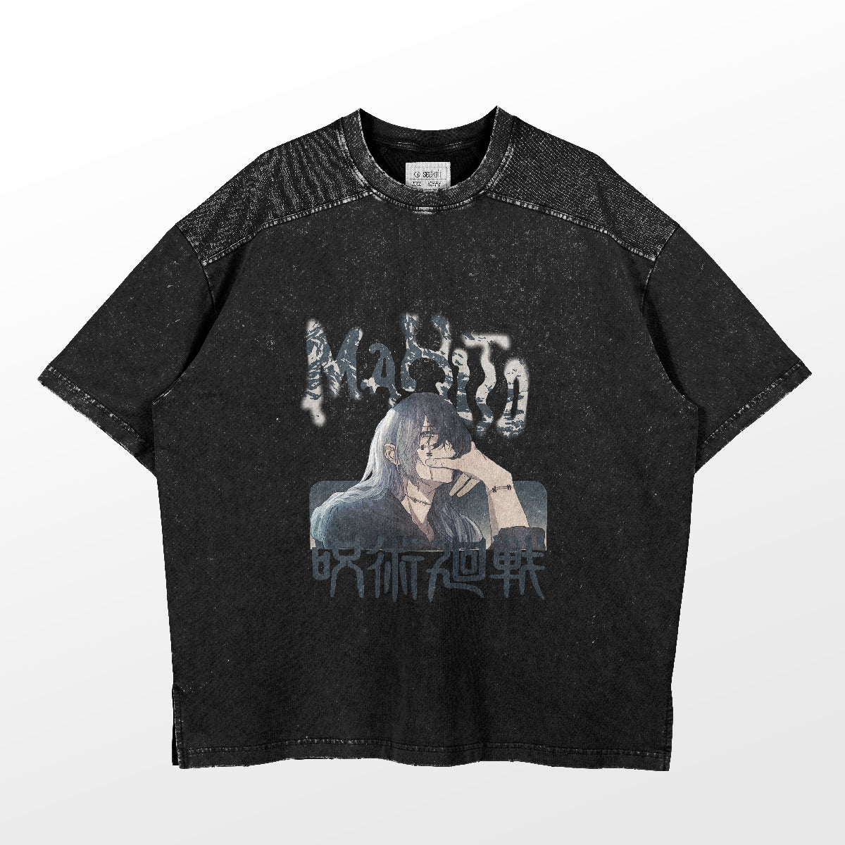 The Jujutsu Kaisen Mahito Graphic T-Shirt features a black, short-sleeved design with a worn texture. It showcases a character with long dark hair and stylized text in various scripts, making it ideal for fans seeking edgy anime apparel.
