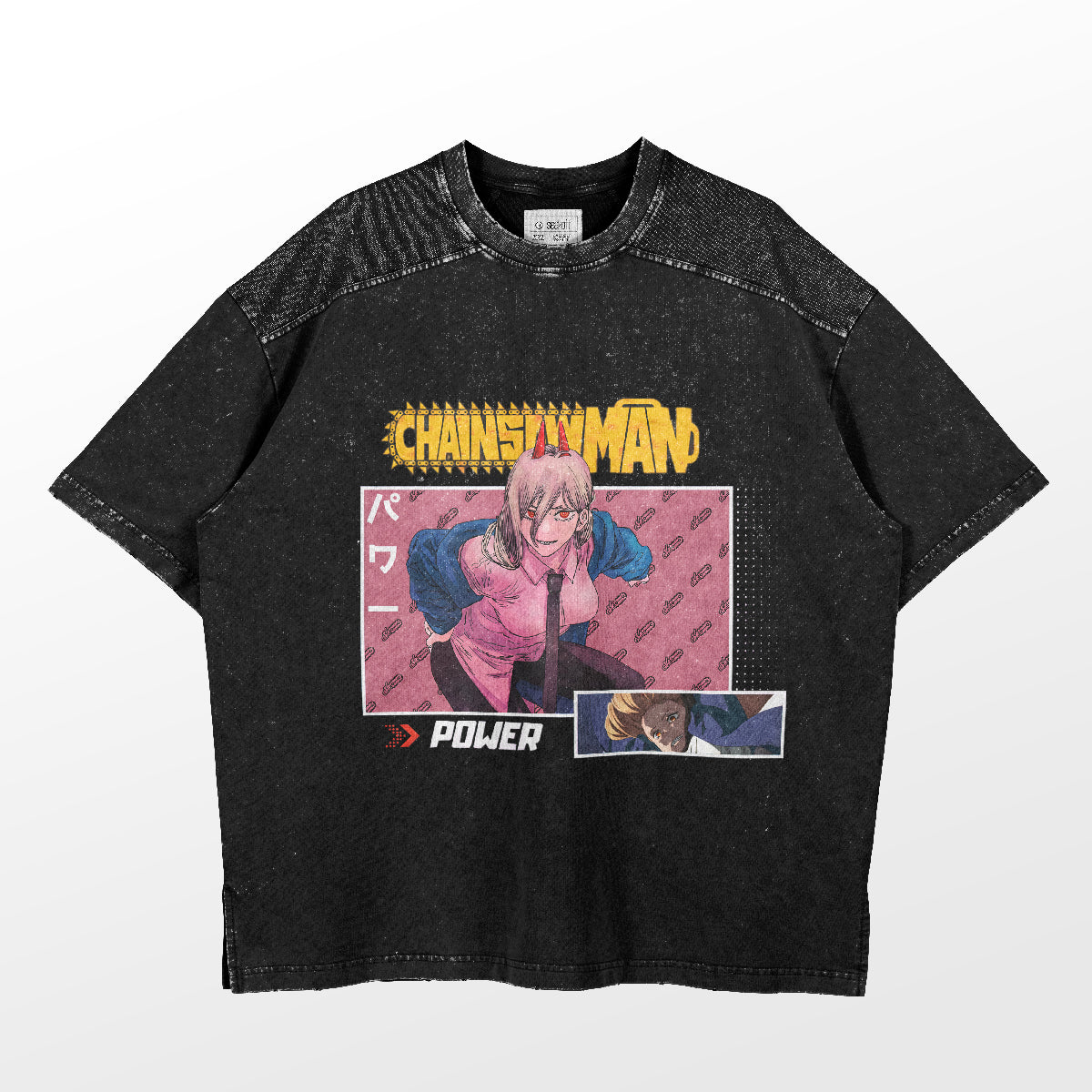 The Chainsaw Man Power Comic Style T-Shirt is a 100% cotton anime shirt featuring a vibrant character illustration in pink and blue with "POWER" boldly displayed below. Its washed-out texture adds flair, making it ideal for any fan&