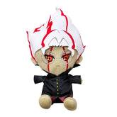 The Dandadan Anime Plush Set features a 26cm collectible doll made with high-quality PP cotton. It has spiky white hair with red streaks, round glasses, a stylish black outfit with yellow buttons, and red-striped facial details, all sitting upright against a plain white background.
