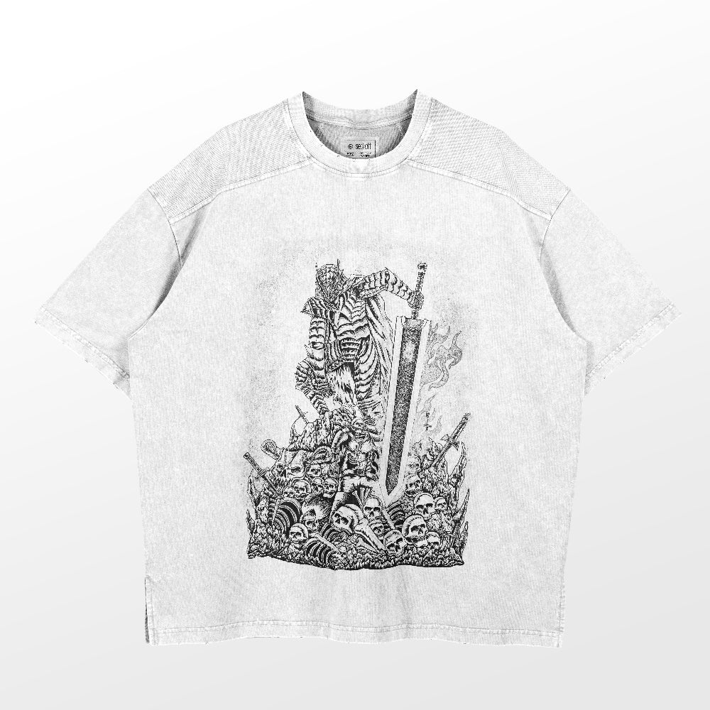 The Berserk Armor Washed Vintage T-Shirt by Berserk is light gray and features a detailed monochromatic design of a warrior in Berserker Armor with a large sword on skulls. Made of 260 GSM high-quality cotton, this anime streetwear item has short sleeves and a round neckline.