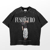The Jujutsu Kaisen Toji Fushiguro Vintage Oversized T-Shirt in Distressed Black features a character in dynamic casual attire. "FUSHIGURO" text above pays homage to Toji Fushiguro, with intricate details below, making it perfect for streetwear enthusiasts.