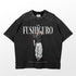 The Jujutsu Kaisen Toji Fushiguro Vintage Oversized T-Shirt in Distressed Black features a character in dynamic casual attire. "FUSHIGURO" text above pays homage to Toji Fushiguro, with intricate details below, making it perfect for streetwear enthusiasts.