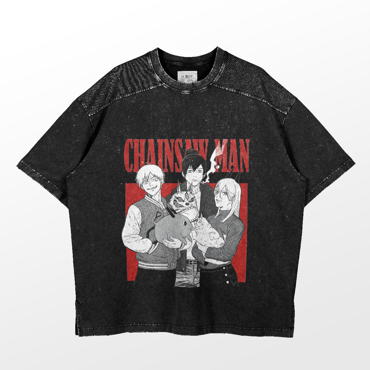 The Chainsaw Man Friends T-Shirt, a standout from the Chainsaw Man brand, showcases three anime characters against a striking red background with "Chainsaw Man" boldly above them. This 100% cotton shirt features a classic design with speckled sleeves and collar.