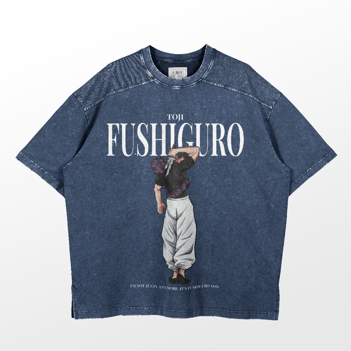The Jujutsu Kaisen Toji Fushiguro Vintage Oversized T-Shirt in distressed black is a streetwear piece featuring a design of someone in baggy pants, sideways with a hand on their shoulder. It includes "Fushiguro" and a related quote, capturing the essence of Jujutsu Kaisen.