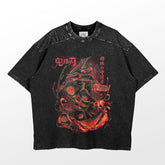 The black Tanjiro and Nezuko Fiery Guardians T-Shirt by Demon Slayer is essential for fans, featuring an illustrated warrior with a sword amid red flames. Japanese characters adorn the front, while speckled texture enhances the shoulder area.