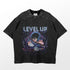 A washed black oversized T-shirt featuring a Sung Jinwoo shadow energy design from Solo Leveling, with the text "LEVEL UP," embodies anime streetwear.