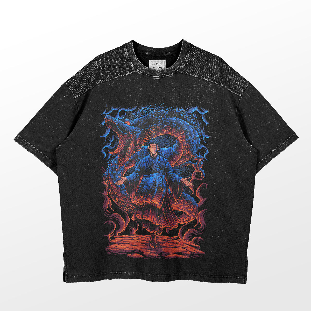 This black "Geto Suguru Jujutsu Kaisen Shirt with Dragon Flame Design" by Jujutsu Kaisen features a striking graphic of a person in traditional robes surrounded by swirling blue and red flames. It boasts a textured shoulder area and offers a relaxed fit.