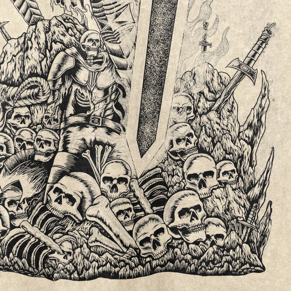 The Berserk Armor Washed Vintage T-Shirt showcases a monochrome design of skulls and skeletons around a sword in rocky terrain, with jagged peaks and swords in the background. Made from 260 GSM high-quality cotton, it&