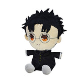 The Dandadan Anime Plush boasts large round glasses, spiky black hair, and a sleek black outfit with button details. Made with high-quality PP cotton, it features a neutral expression and sits upright, creating a unique collectible addition to any ensemble.