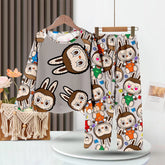 LABUBU Baby Pajama Set - Colorful Cartoon Milk Silk Sleepwear, showcases colorful cartoon bunny prints on soft milk silk fabric. With a long-sleeve top and pants duo hung on a wooden hanger, it&