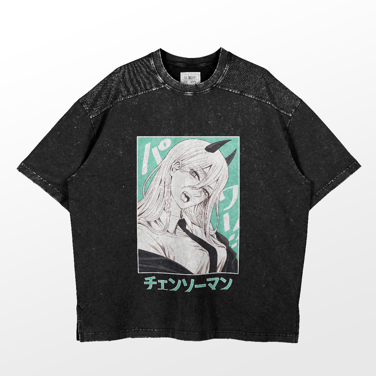 The Chainsaw Man Power Pastel T-Shirt is a black oversized anime shirt featuring a horned character with a confident expression and Japanese text. Its speckled texture adds depth to the vibrant design, making it a unique 100% cotton product by Chainsaw Man.