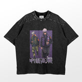 The Gojo Satoru and Kakashi Crossover Shirt by Jujutsu Kaisen features an anime design of two characters, one in green tactical gear and the other in a dark jacket with sunglasses, complemented by Japanese text—perfect for fans seeking stylish anime apparel.