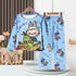 Displayed on a hanger, the LABUBU Baby Pajama Set features a large-toothed, bunny-eared cartoon on blue stripes. Crafted from breathable milk silk fabric, "Labubu" is printed on both top and pants, surrounded by floral designs and a woven bag.