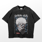 Vintage-style Gojo Satoru Jujutsu Kaisen shirt featuring a white-haired, blue-eyed anime character with "Satoru Gojo" and "Strongest Jujutsu Sorcerer." Brand: Jujutsu Kaisen.