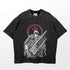A washed black oversized T-shirt from Berserk features the Guts "Dragonslayer Rage" design, depicting an armored warrior with the iconic sword and a red three-pronged symbol. The mottled texture captures the dark essence of Berserk&