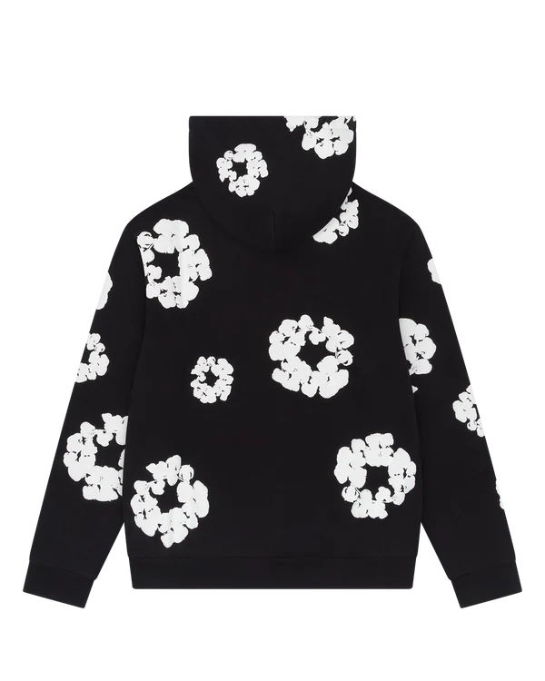 Black “Cotton Wreath” Denim Tears Hoodie – White Floral Ring Print Streetwear Hoodie