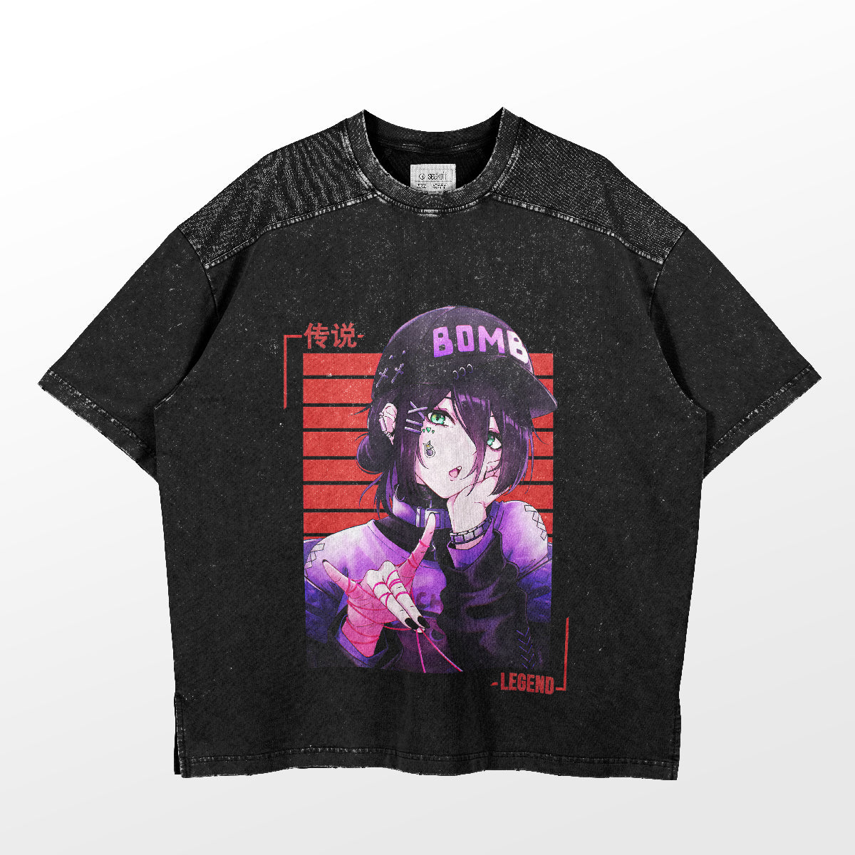 The Chainsaw Man Bomb Devil T-Shirt features an anime character with purple and pink accents, a "BOMB"-labeled helmet, holding a popsicle. Enhanced with red stripes and text, this 100% cotton shirt embodies the edgy vibe of anime fashion.