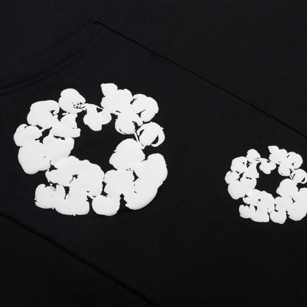 Black “Cotton Wreath” Denim Tears Hoodie – White Floral Ring Print Streetwear Hoodie