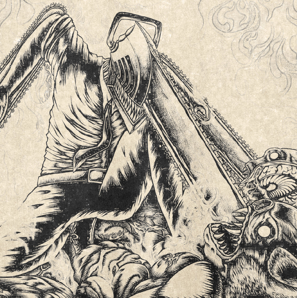 This 260 GSM high-quality cotton Chainsaw Warrior Washed Vintage T-Shirt by Chainsaw Man showcases a dynamic humanoid figure with a chainsaw head in dark shading, exuding intensity—ideal for anime and vintage streetwear aficionados.