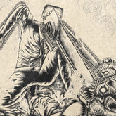 This 260 GSM high-quality cotton Chainsaw Warrior Washed Vintage T-Shirt by Chainsaw Man showcases a dynamic humanoid figure with a chainsaw head in dark shading, exuding intensity—ideal for anime and vintage streetwear aficionados.