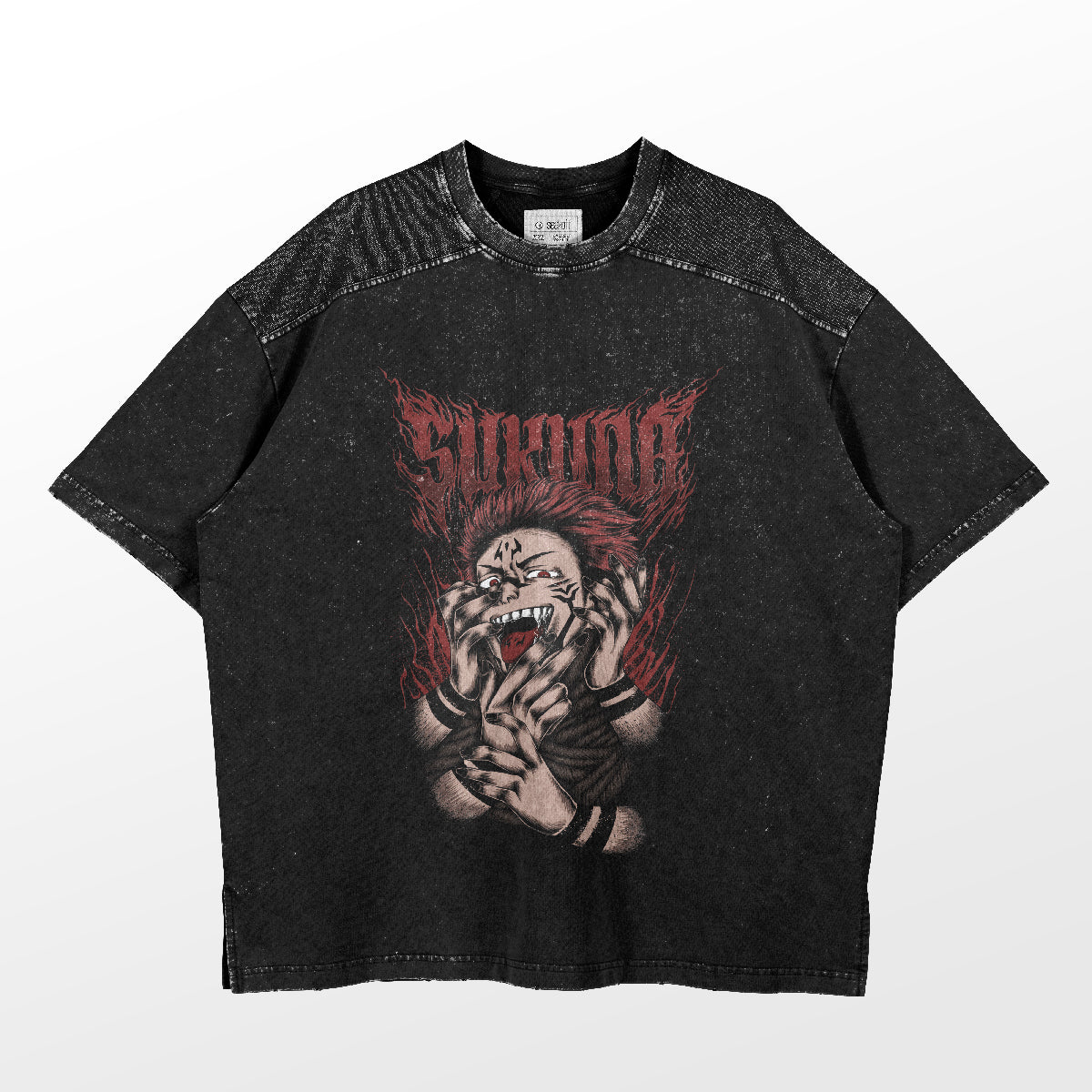 The Sukuna Possession Jujutsu Kaisen T-Shirt from Jujutsu Kaisen features textured shoulders and a bold graphic of the fierce, long red-haired character with sharp teeth engulfed in flames. "SUKUNA" is prominently displayed above, making it ideal for any anime wardrobe or Jujutsu Kaisen merch collection.