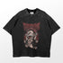 The Sukuna Possession Jujutsu Kaisen T-Shirt from Jujutsu Kaisen features textured shoulders and a bold graphic of the fierce, long red-haired character with sharp teeth engulfed in flames. "SUKUNA" is prominently displayed above, making it ideal for any anime wardrobe or Jujutsu Kaisen merch collection.