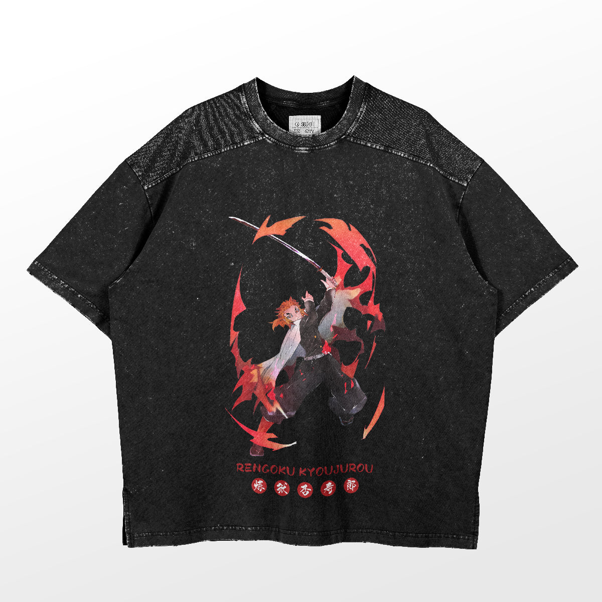 The Rengoku Kyojuro Flame Dance T-Shirt by Demon Slayer features a bold illustration of a character in dynamic pose with vivid red flame design, along with "Rengoku Kyojuro" text. Textured details on the shoulders and neckline enhance this black tee.