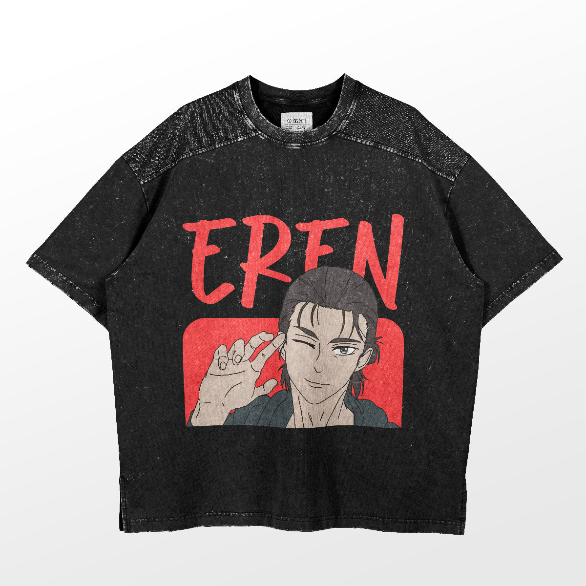 This black t-shirt from Attack on Titan is ideal for anime conventions, featuring Eren Yeager with two fingers up. "EREN" in bold red sits above the playful animated character against a slightly distressed background, capturing the essence of an Attack on Titan T-Shirt.