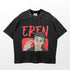 This black t-shirt from Attack on Titan is ideal for anime conventions, featuring Eren Yeager with two fingers up. "EREN" in bold red sits above the playful animated character against a slightly distressed background, capturing the essence of an Attack on Titan T-Shirt.