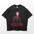 The Gojo Satoru Malevolent Shrine Jujutsu Kaisen T-Shirt features a graphic of a white-haired person with a glowing red eye circle. Bold, red Japanese characters below enhance its weathered look, appealing to anime apparel fans.